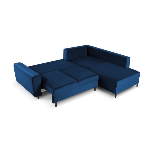 Син кадифен разтегателен ъглов диван с място за съхранение (десен ъгъл/L форма) Kyoto – Cosmopolitan Design-image-2
