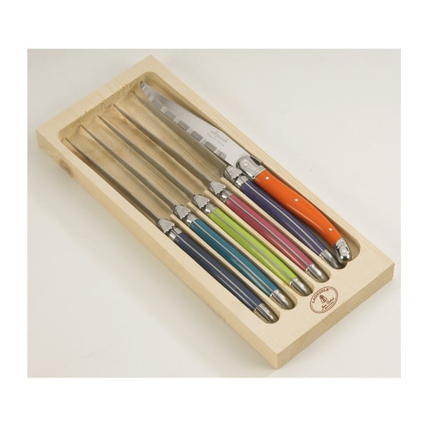 Комплект от 6 ножа за пържоли от неръждаема стомана в дървена опаковка London Mix - Jean Dubost