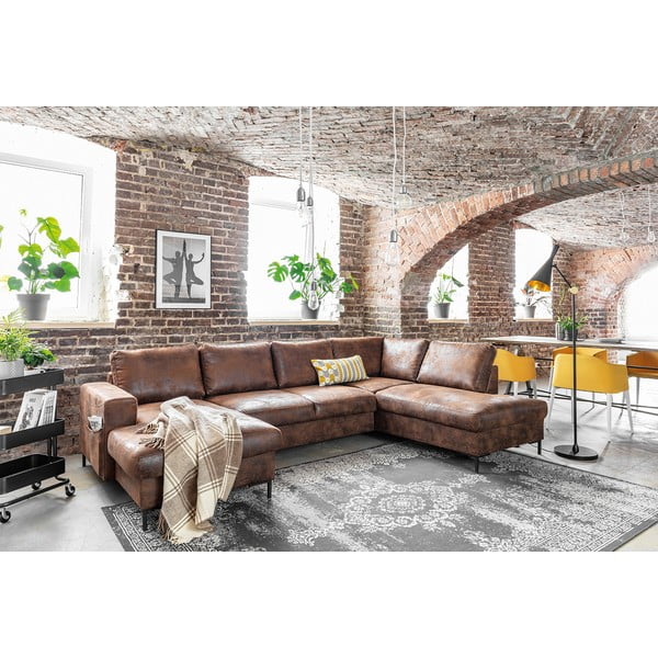 Кафяв U-образен разтегателен диван с имитация на кожа Vintage, десен ъгъл Lofty Lilly - Miuform-image-4