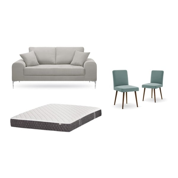 Комплект от двуместен светлосив диван, 2 сиво-зелени стола и матрак 140 x 200 cm - Home Essentials