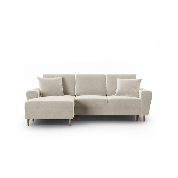 Бежов кадифен разтегателен ъглов диван с място за съхранение (ляв ъгъл) Kyoto – Cosmopolitan Design