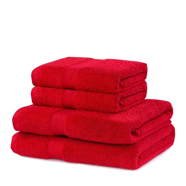 Червени памучни хавлии и кърпи за баня в комплект от 4 бр. от тери Marina – DecoKing