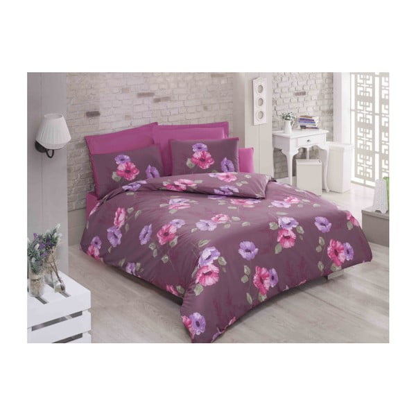 Памучно спално бельо с чаршаф и 2 калъфки за възглавници за двойно легло Виолетово, 200 x 220 cm - Mijolnir