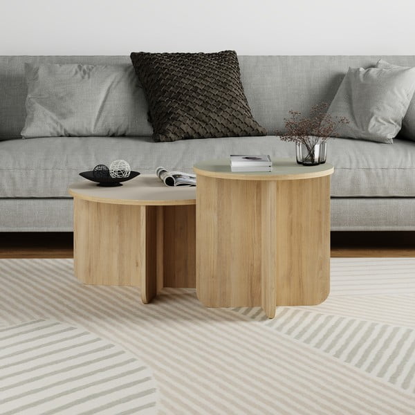 Кремави/естествени кръгли масички за кафе в комплект 2 бр. от декор от дъб  ø 70 cm Hillary – Marckeric-image-1