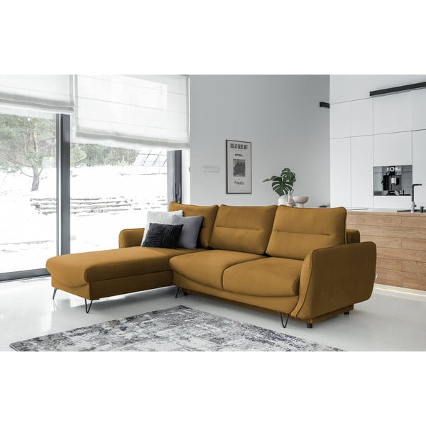Жълт кадифен разтегателен ъглов диван с място за съхранение (ляв ъгъл) Silva – ELTAP-image-1