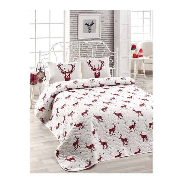 Комплект от покривка за легло и 2 калъфки за възглавници с памучна смес Geyik Claret Red, 200 x 220 cm - Unknown