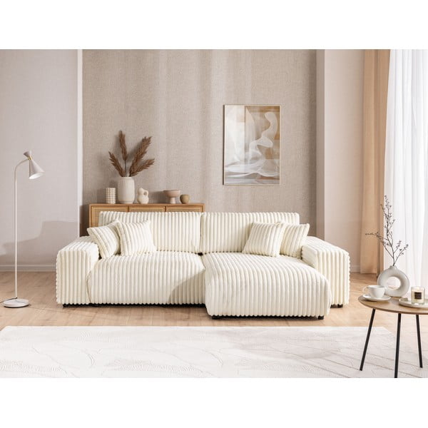 Кремав разтегателен ъглов диван от рипсено кадифе с място за съхранение (десен ъгъл) Sarina – Ropez-image-1