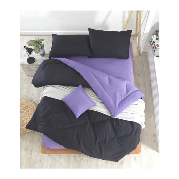 Черно-лилаво спално бельо с чаршаф за двойно легло Permento Masilana, 200 x 220 cm - Mijolnir