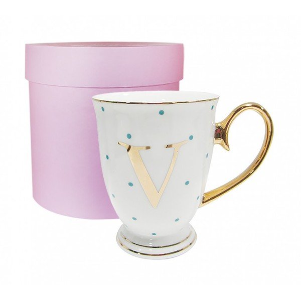 Písmenkový
  hrnek V s modrými puntíky