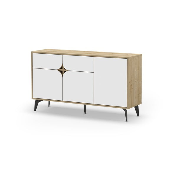 Нисък скрин с дъбов декор в бял и естествен цвят 140x79 cm Nola - Marckeric-image-3