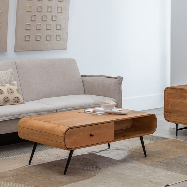 Масичка за кафе от масив от минди в естествен цвят 60x120 cm Mahón – Ixia-image-1