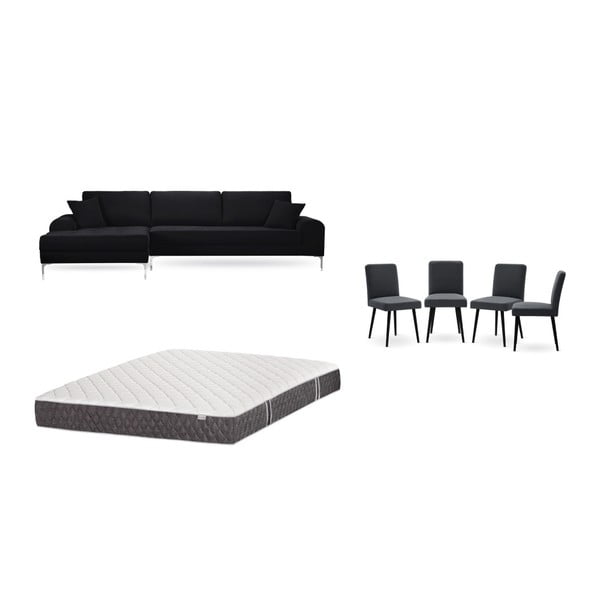 Комплект от черен диван с шезлонг вляво, 4 антрацитно сиви стола и матрак 160 x 200 cm - Home Essentials