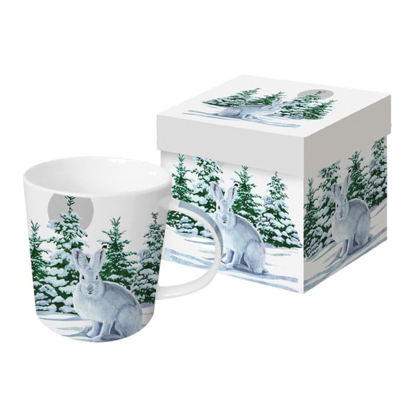 Чаша от костен порцелан с коледен мотив в кутия за подаръци "Снежен заек", 350 ml - PPD