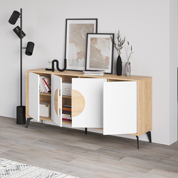 Нисък скрин с дъбов декор в бял и естествен цвят 180x82 cm Vae - Marckeric-image-2