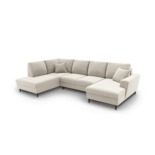 Бежов кадифен разтегателен ъглов диван с място за съхранение (ляв ъгъл/U форма) Kyoto – Cosmopolitan Design-image-1