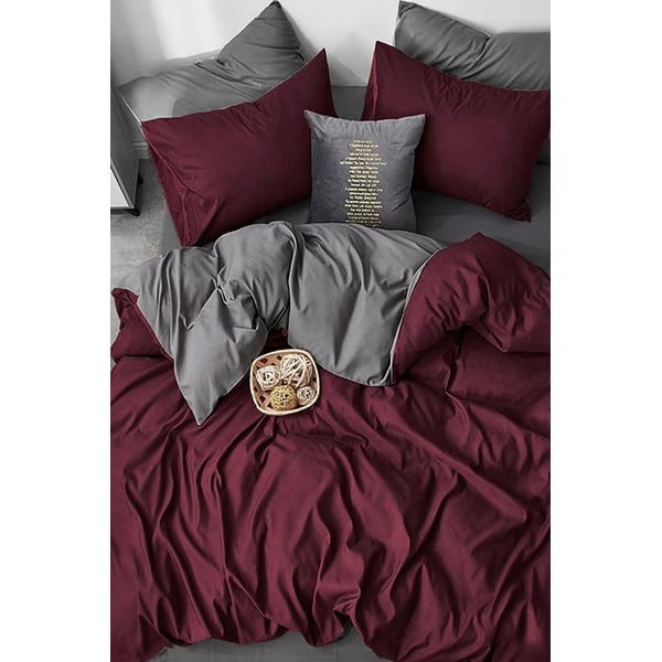 Памучен чаршаф за двойно легло в бургундско-сиво/разширен чаршаф 200x220 cm - Mila Home