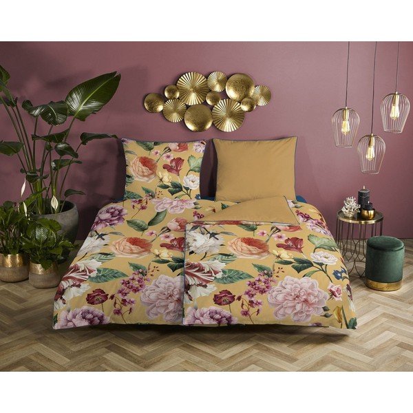 Жълт чаршаф от органичен памук за единично легло Flowery, 140 x 200 cm Organic - Descanso-image-1