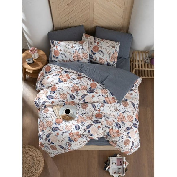 Сиво и бежово удължено спално бельо за двойно легло от четири части с чаршаф 200x220 cm Floral - Mila Home