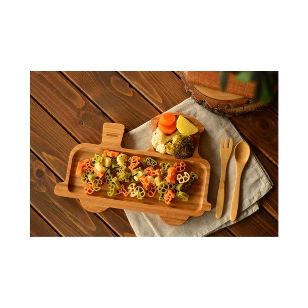 Комплект детска чиния във формата на влакче и прибори за хранене, изработени от бамбуково дърво Trainy - Bambum-image-1