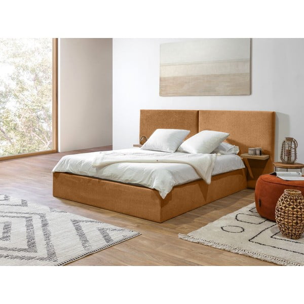 Оранжево-жълто тапицирано двойно легло със склад и решетка 160x200 cm Blandine - Bobochic Paris-image-2