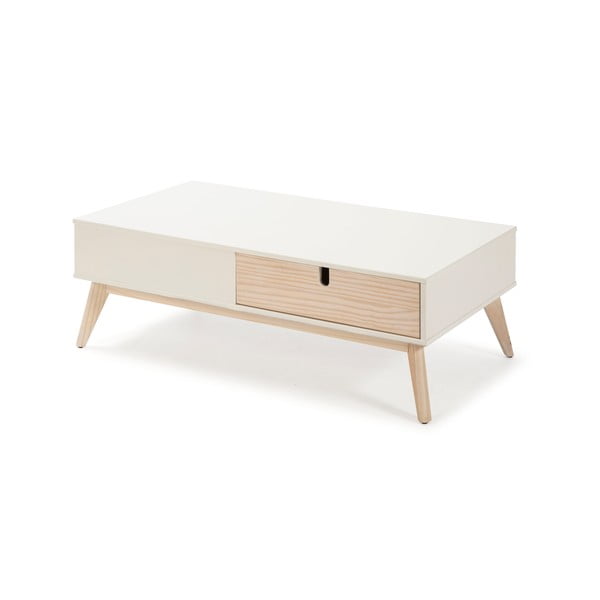 Бяла масичка за кафе с 2 чекмеджета и крака от борова дървесина Kiara - Marckeric-image-3