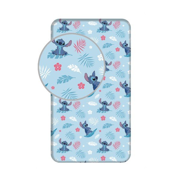 Син еластичен единичен памучен детски чаршаф 90x200 cm Lilo & Stitch "Blue" – Jerry Fabrics