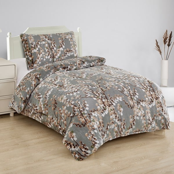 Сиво единично  спално бельо от микроплюш 140x200 cm Branches – My House