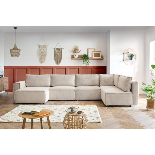 Кремав ъглов U-образен диван от велур, десен ъгъл Nihad modular - Bobochic Paris-image-1