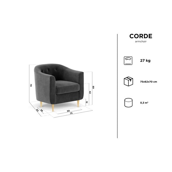 Тъмно сиво кадифено кресло Corde - Kooko Home-image-4