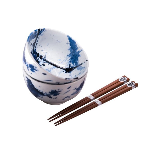 Комплект от 2 сини и бели керамични купи и пръчици за хранене - MIJ