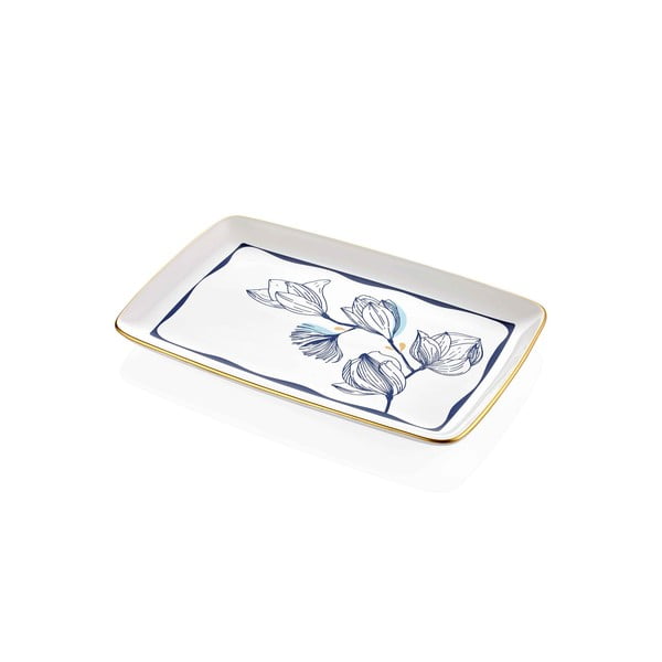 Бяла порцеланова чиния за сервиране със сини цветя Bleu, 34 x 25 cm - Mia