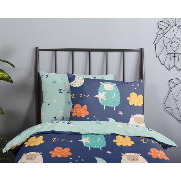 Синьо  единично удължено памучно детско спално бельо 140x220 cm Sheep – Good Morning-image-2