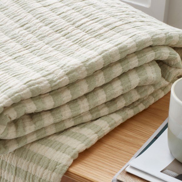 Зелено памучно одеяло 150x200 cm Cotton Muslin Stripe – Bianca-image-1