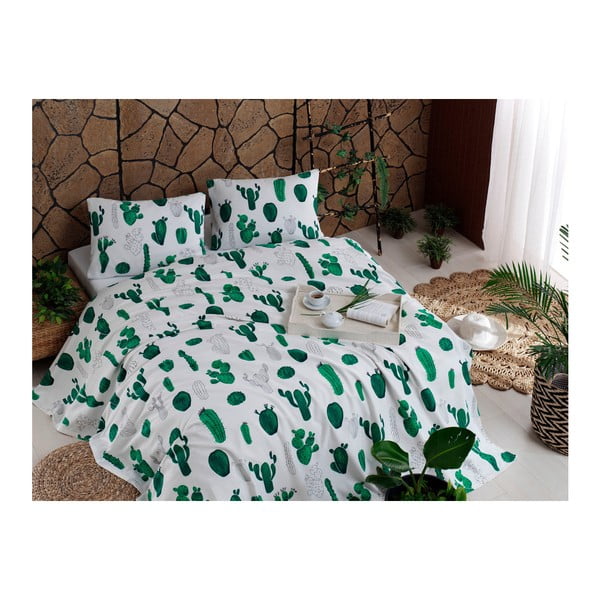 Комплект от памучна покривка за легло, чаршаф и 2 калъфки за възглавници Зелен, 200 x 235 cm Kaktus - Unknown