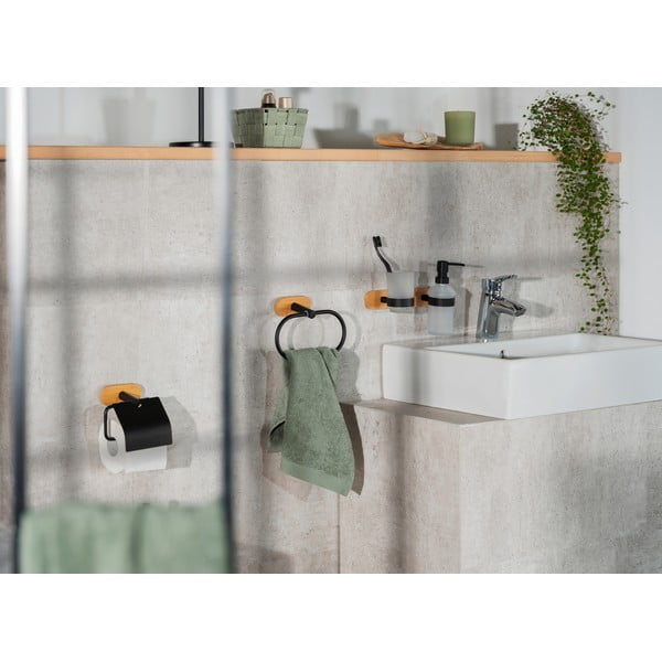 Черно-естествена самозалепваща стъклена чаша за четки за зъби Orea Bamboo – Wenko-image-2