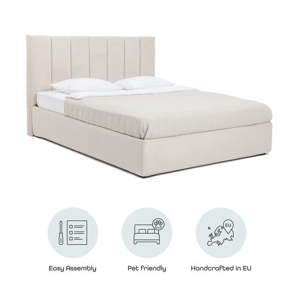 Бежово тапицирано двойно легло с място за съхранение и включена подматрачна рамка 180x200 cm Thessa Bold Line – Bonami Selection-image-4