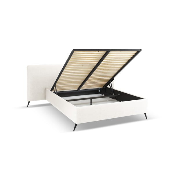 Кремаво тапицирано двойно легло с място за съхранение и решетка 160x200 cm Walter - Milo Casa-image-2