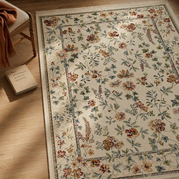 Кремав килим от вискоза 135x195 cm Oriental Flowers – Nouristan-image-1