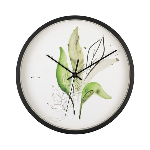 Зелен и бял стенен часовник в черна рамка Листа, ø 26 cm - Karlsson