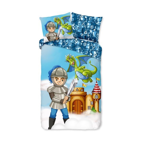 Синьо  единично удължено памучно детско спално бельо 140x220 cm Knight – Good Morning