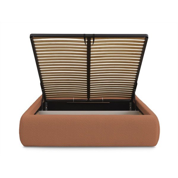 Оранжево тапицирано двойно легло без табла с място за съхранение и включена подматрачна рамка 160x200 cm Inera – Bobochic Paris-image-4