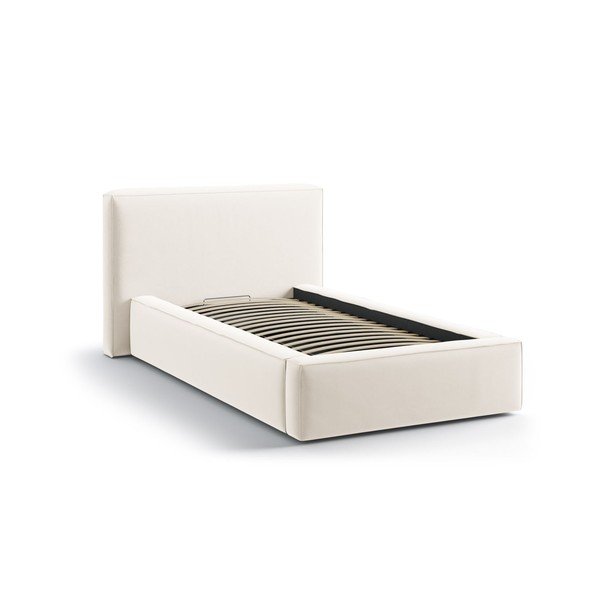 Кремаво единично легло 90x200 cm тапицирано с място за съхранение с включена подматрачна рамка Jodie – Micadoni -image-2