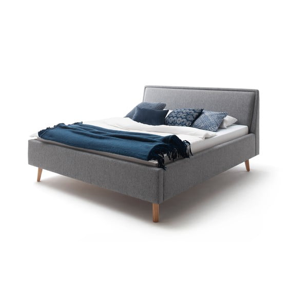 Светлосиво тапицирано двойно легло с място за съхранение с решетка 160x200 cm Frieda - Meise Möbel