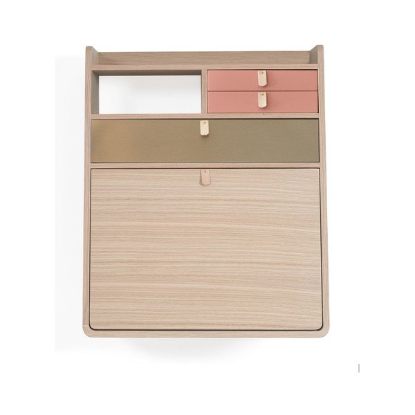 Nástěnný sekretář s meruňkově růžovými a mosaznými zásuvkami HARTÔ Gaston, šířka 60 cm