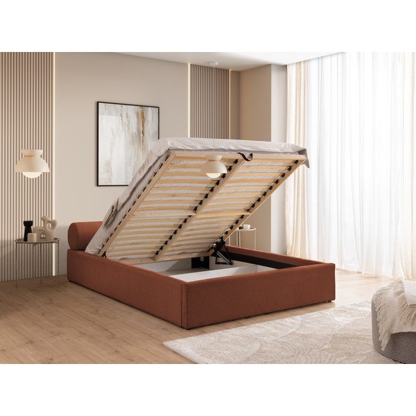 Теракотено двойно легло 140x200 cm тапицирано с място за съхранение с включена подматрачна рамка Cille – Ropez-image-4