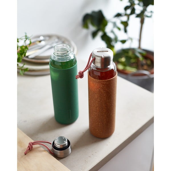 Стъклена бутилка за вода с оранжев силиконов ръкав , 600 ml G-Bottle - Black + Blum-image-1