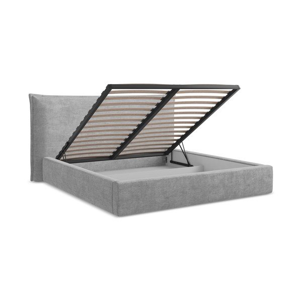 Светлосиво двойно легло 160x200 cm тапицирано с място за съхранение с включена подматрачна рамка Esala – Makamii-image-3