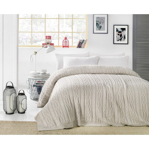 Сива и бежова покривка за легло с памучна смес Плетене, 220 x 240 cm - Homemania Decor
