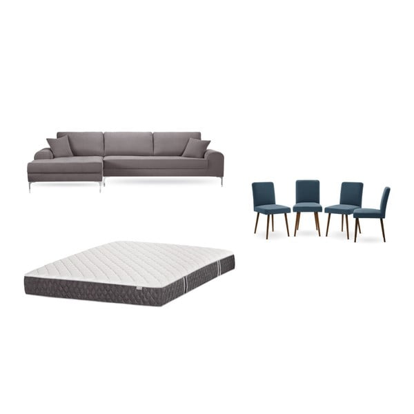 Комплект от кафяв диван с шезлонг вляво, 4 сини стола и матрак 160 x 200 cm - Home Essentials