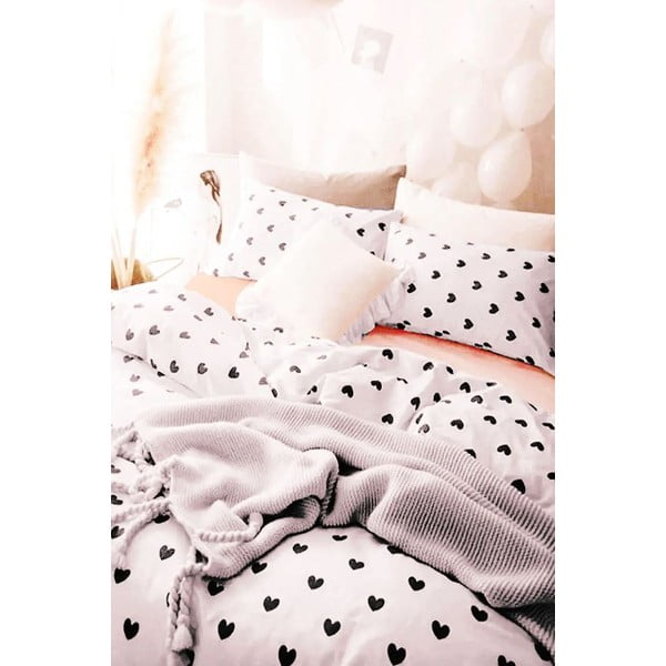 Бяло единично удължено спално бельо от памук Renforcé с включен долен чаршаф 3 части 160x220 cm Mini Hearts – Mila Home-image-2